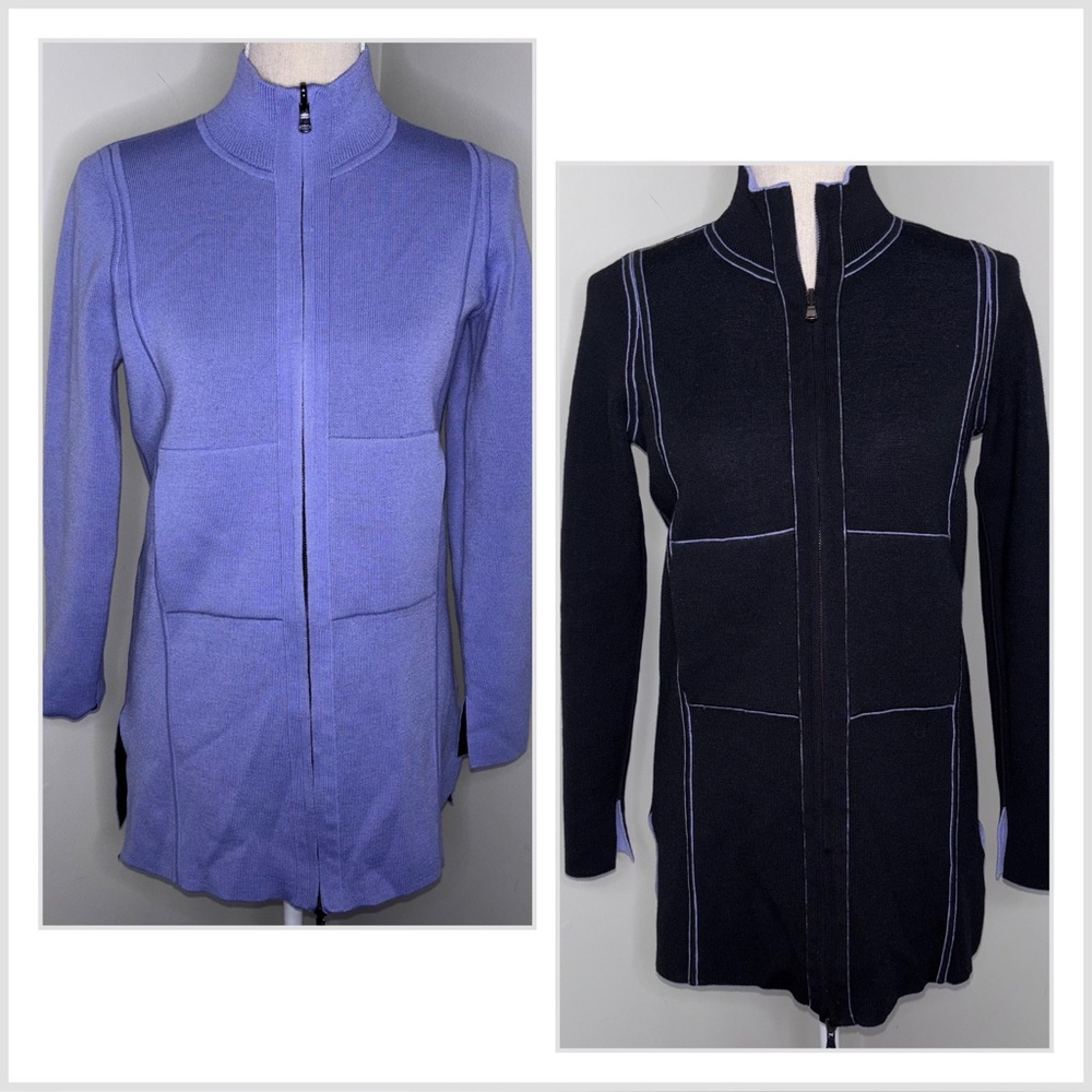 EtCetera reversible wool knit zipper front tunic sweater lavender black Small